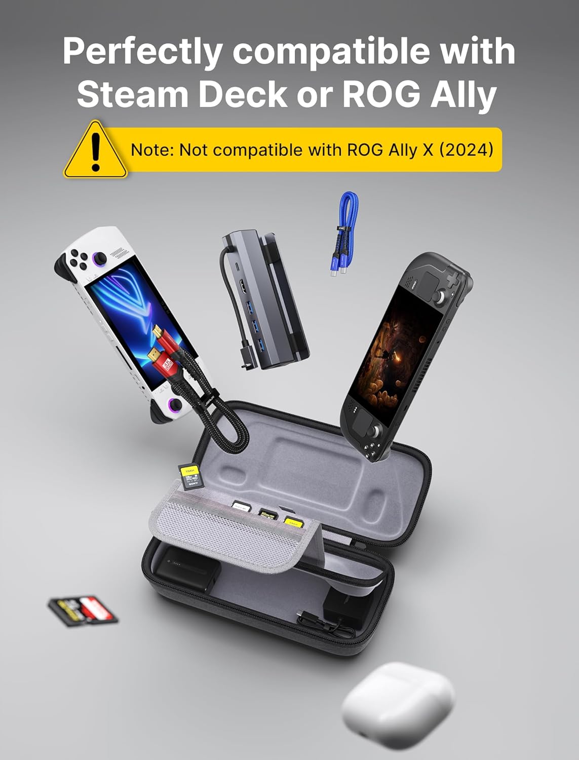 JSAUX Carrying Case Compatible with Steam Deck & ROG Ally, Protective Hard Shell Carry Case Built-in Charger & Docking Station Storage, Portable Travel Case for Steam Deck & Accessories - BG0106A-1