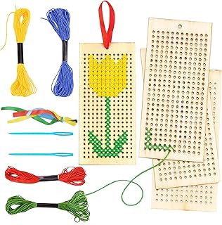 Udewo 14 Pcs Wooden Cross Stitch Kits, Wooden Bookmark Cross Stitch Kits Embroidery Set Cross Stitch Bookmark Threads with Cross Stitch Frame, Needles, Ribbons for Children Beginners Arts Crafts