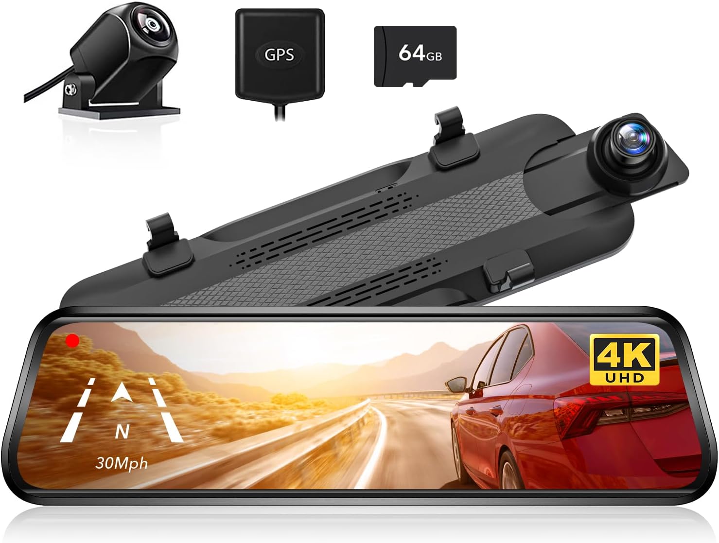 WOLFBOX G930 4K 10" Rear View Mirror Camera, Dash Cam Front and Rear for Car with 64GB Card, Touch Screen Smart Rear View Mirror Backup Camera, Parking Monitor, Reverse Assist, GPS, Support 256GB Max-0