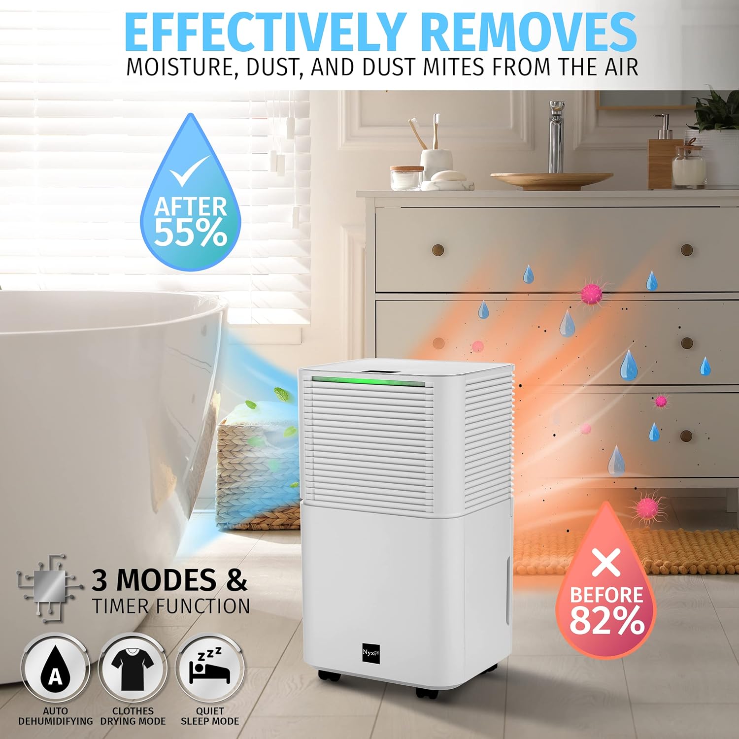 Nyxi 12L Home Dehumidifier, Clothes Drying Function, Continues Drainage, 24 Hours Timer, Removes Condensation, Damp, Moisture and Purifies Air, Ideal for Homes, Offices, Basements, Laundry-1