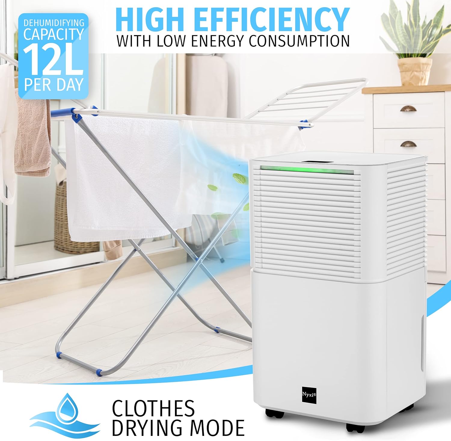 Nyxi 12L Home Dehumidifier, Clothes Drying Function, Continues Drainage, 24 Hours Timer, Removes Condensation, Damp, Moisture and Purifies Air, Ideal for Homes, Offices, Basements, Laundry-3