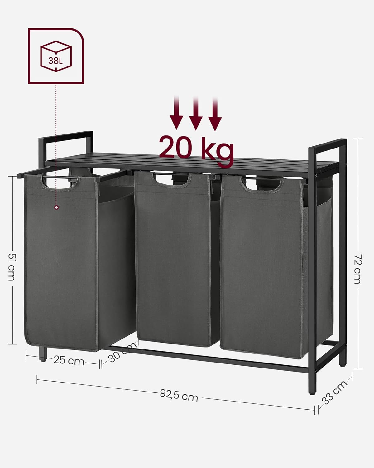 VASAGLE Laundry Basket, 3-Compartment Laundry Hamper, Pull-Out and Removable Laundry Bags, Laundry Sorter, Shelf, Metal Frame, 3 x 38L, 92.5 x 33 x 72 cm, Black and Grey BLH301G01-5