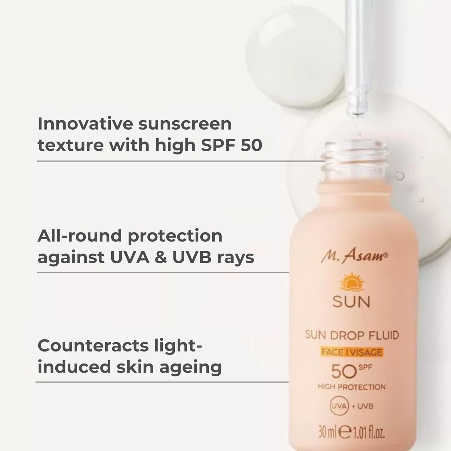 M. Asam SUN Drop Fluid SPF 50 (30ml) – Nourishing face sun protection serum with intensive protection against UVA & UVB radiation & skin ageing, nourishing aloe vera & hyaluronic acid, vegan face care-1