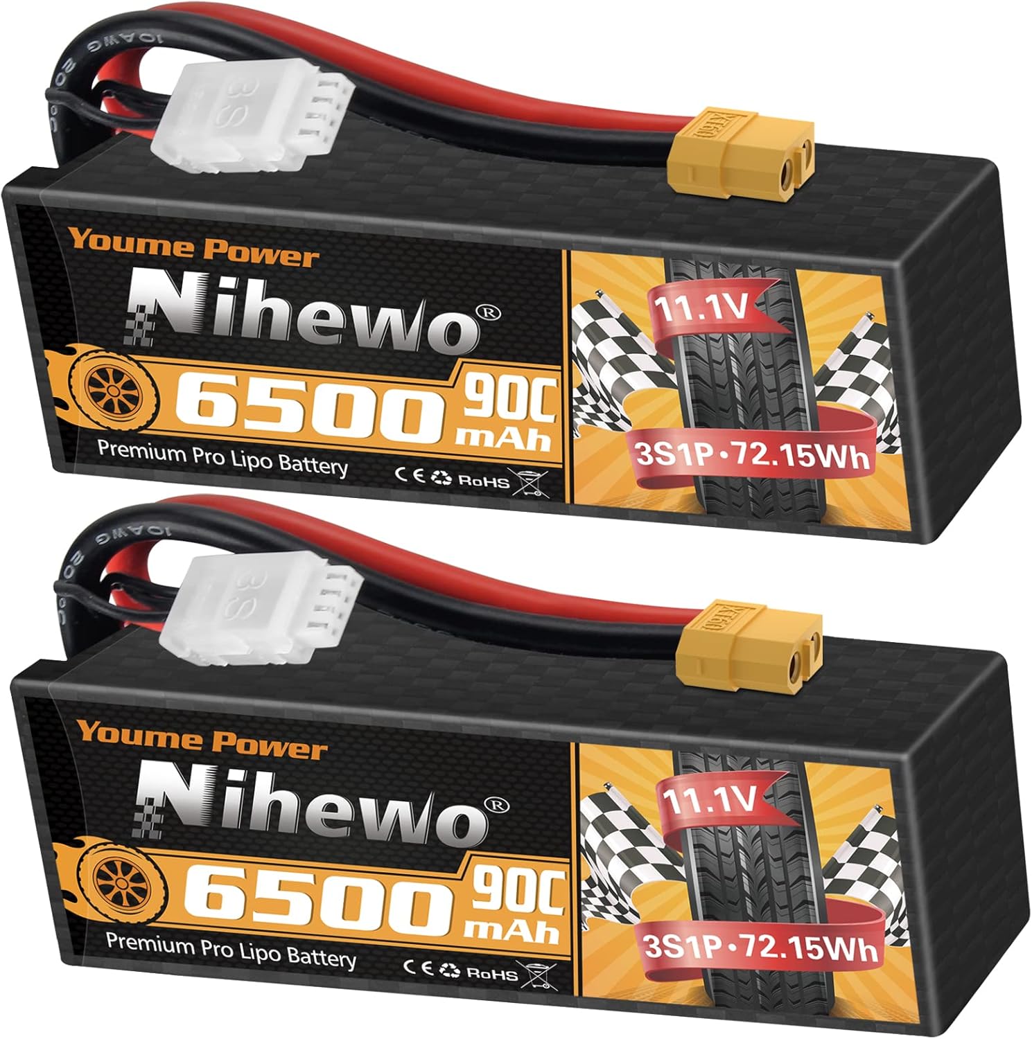 Nihewo 3S Lipo Battery Pack,2Packs 11.1V Lipo Battery 6500mAh 90C Hard Case Lipo Batteries XT60 Connector Compatible with 1/8 1/10 RC Car Truck Truggy Vehicles Tank Boat Airplane Models-0