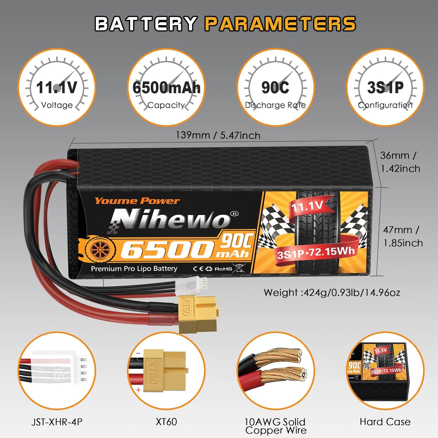 Nihewo 3S Lipo Battery Pack,2Packs 11.1V Lipo Battery 6500mAh 90C Hard Case Lipo Batteries XT60 Connector Compatible with 1/8 1/10 RC Car Truck Truggy Vehicles Tank Boat Airplane Models-1