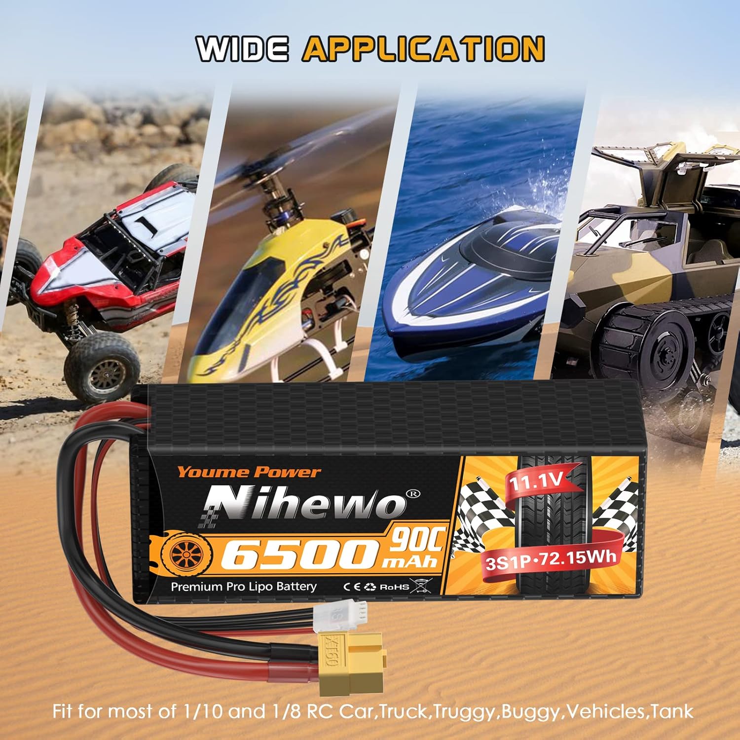 Nihewo 3S Lipo Battery Pack,2Packs 11.1V Lipo Battery 6500mAh 90C Hard Case Lipo Batteries XT60 Connector Compatible with 1/8 1/10 RC Car Truck Truggy Vehicles Tank Boat Airplane Models-2