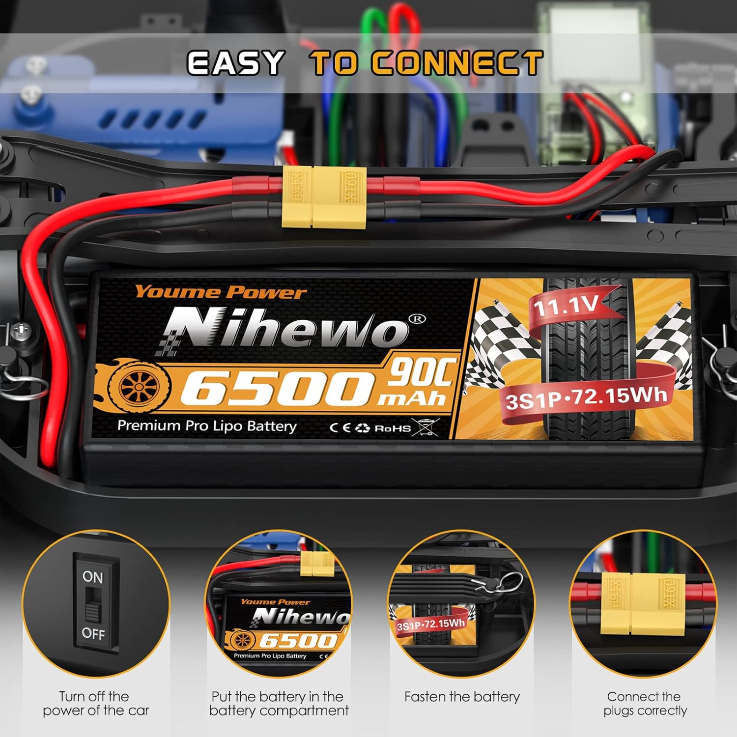 Nihewo 3S Lipo Battery Pack,2Packs 11.1V Lipo Battery 6500mAh 90C Hard Case Lipo Batteries XT60 Connector Compatible with 1/8 1/10 RC Car Truck Truggy Vehicles Tank Boat Airplane Models-5