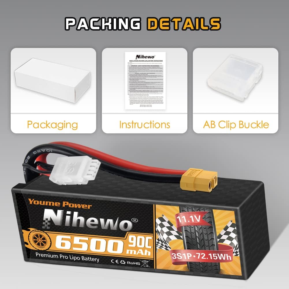 Nihewo 3S Lipo Battery Pack,2Packs 11.1V Lipo Battery 6500mAh 90C Hard Case Lipo Batteries XT60 Connector Compatible with 1/8 1/10 RC Car Truck Truggy Vehicles Tank Boat Airplane Models-6