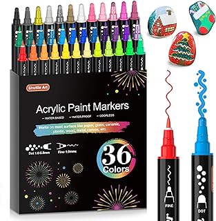 Shuttle Art Dual Tip Acrylic Paint Pens, 36 Colours Dot & Fine Tip Paint Marker Pens, Paint Pens for Rock Painting, Ceramic, Wood, Fabric, Glass, Art Marker Pen Set for Kids Adults on Christmas Easter