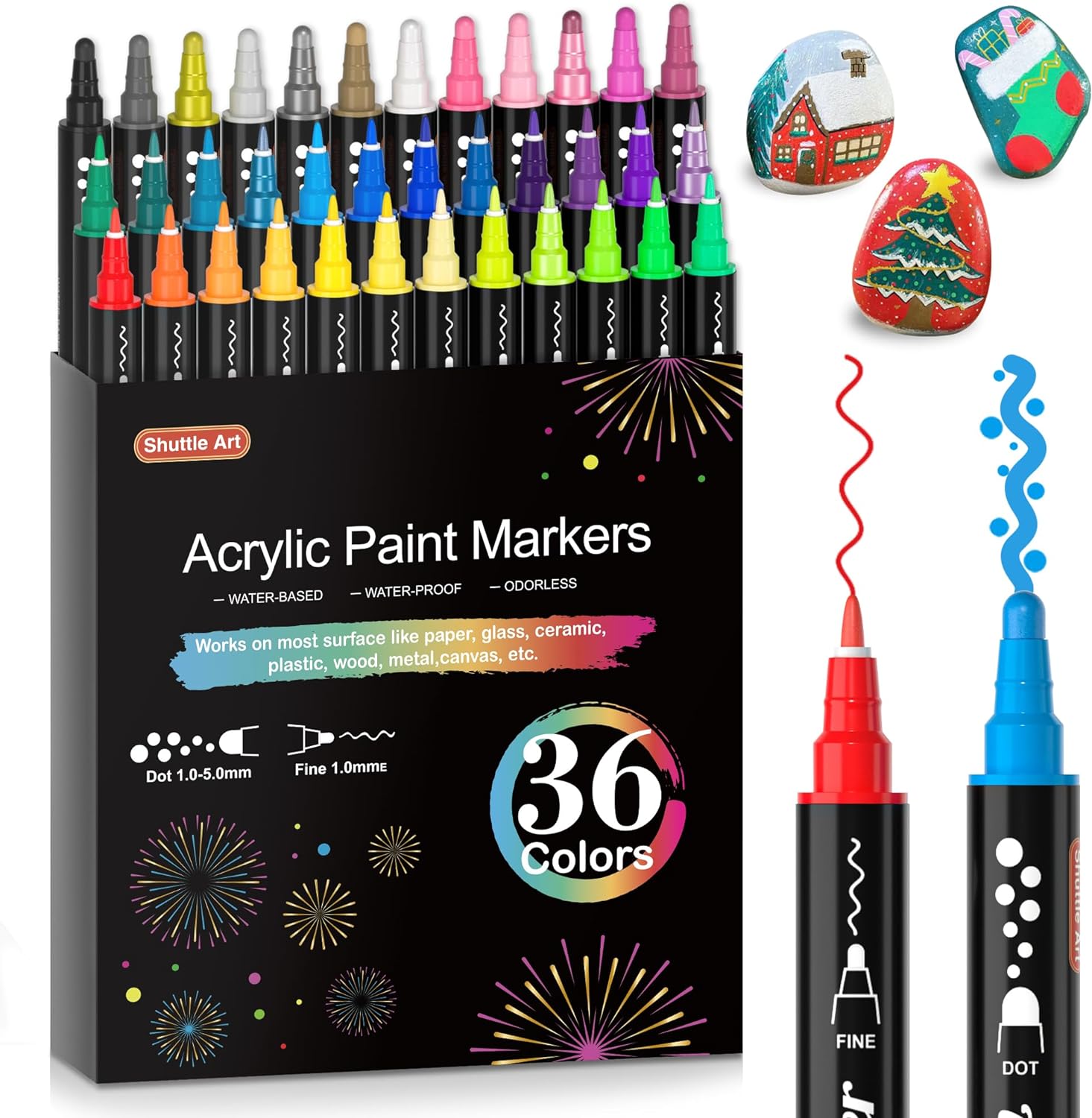 Shuttle Art Dual Tip Acrylic Paint Pens, 36 Colours Dot & Fine Tip Paint Marker Pens, Paint Pens for Rock Painting, Ceramic, Wood, Fabric, Glass, Art Marker Pen Set for Kids Adults on Christmas Easter-0