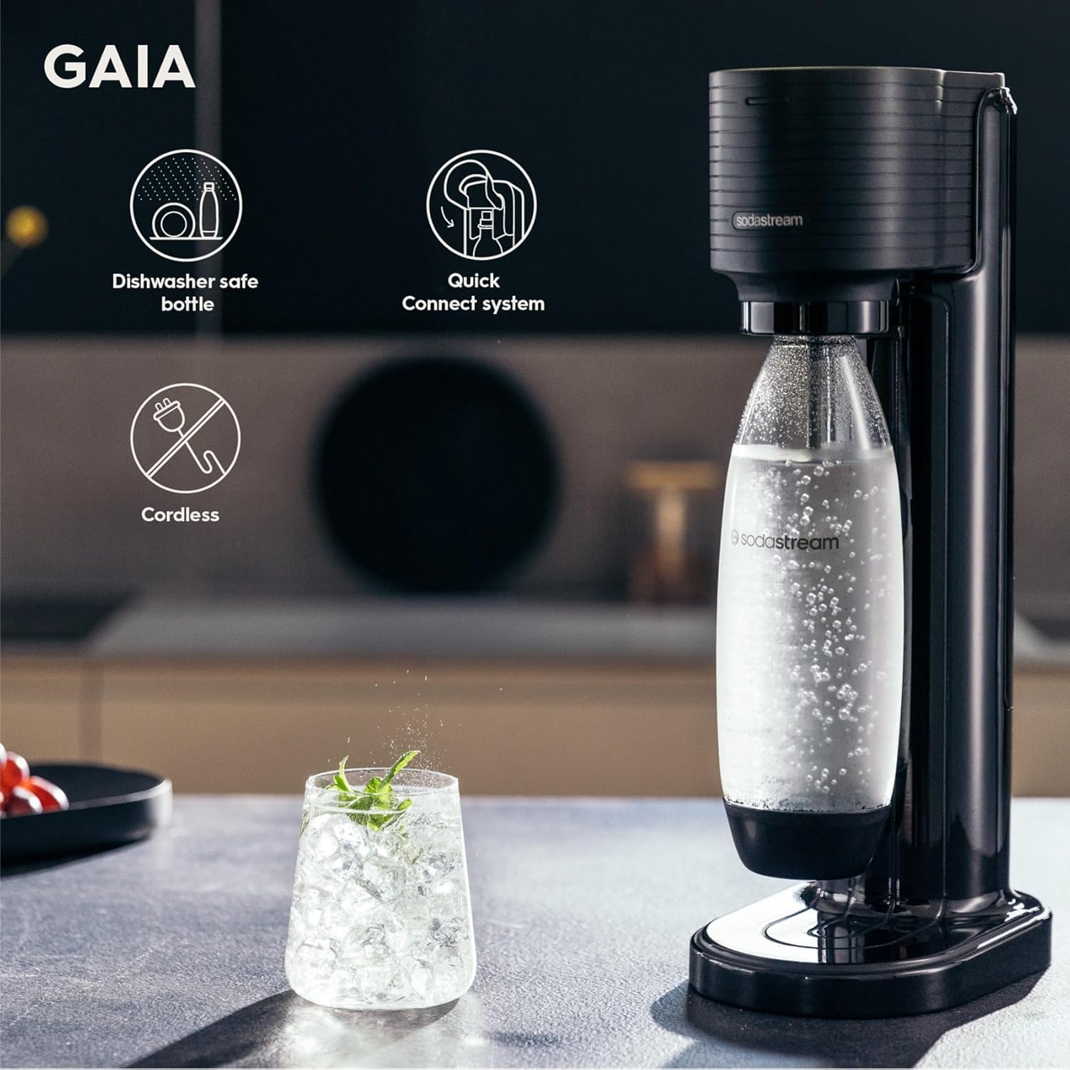 Sodastream Gaia Manual Sparkling Water Maker - Cordless Sparkling Water Machine with 1 Litre Reusable BPA-Free Water Bottle for Carbonating and 60 Litre Quick Connect Co2 Gas Cylinder - Black-2