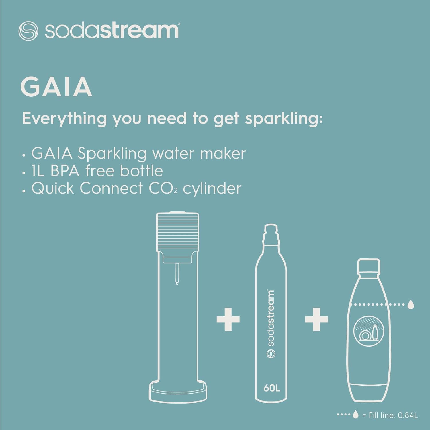 Sodastream Gaia Manual Sparkling Water Maker - Cordless Sparkling Water Machine with 1 Litre Reusable BPA-Free Water Bottle for Carbonating and 60 Litre Quick Connect Co2 Gas Cylinder - Black-4