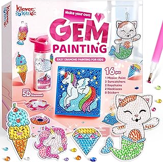 Klever Kits 16 Projects Gem Art,Diamond Painting Kits for Kids,Arts and Crafts for Girls Ages 6-12,Unicorn Diamond Art Craft Activities Kits,Make Your Own GEM Keychains,Diamond Art Gift for Girls