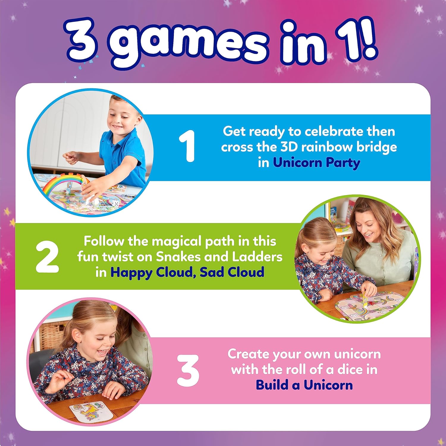 Orchard Toys Unicorn Fun! - 3 in 1 Educational Board Games for 4+ Year Olds - Unicorn Gifts for Girls and Boys - Number and Counting Games for Kids - Age 4-8 Years - 2-4 Players-3