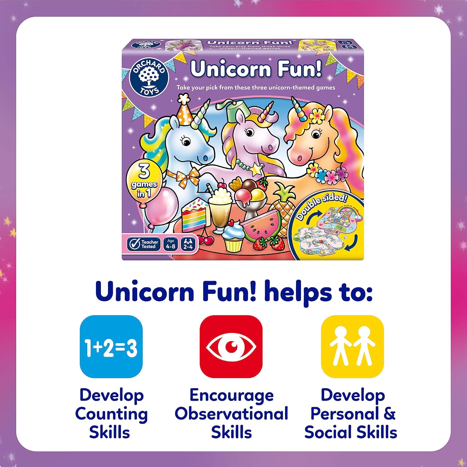 Orchard Toys Unicorn Fun! - 3 in 1 Educational Board Games for 4+ Year Olds - Unicorn Gifts for Girls and Boys - Number and Counting Games for Kids - Age 4-8 Years - 2-4 Players-4