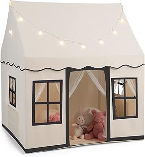 GYMAX Kids Tent, Indoor Children Playhouse with Washable Mat, Star Lights & Windows, Large Play Tent for 3-10 Years Old Girls Boys (Beige+Black)