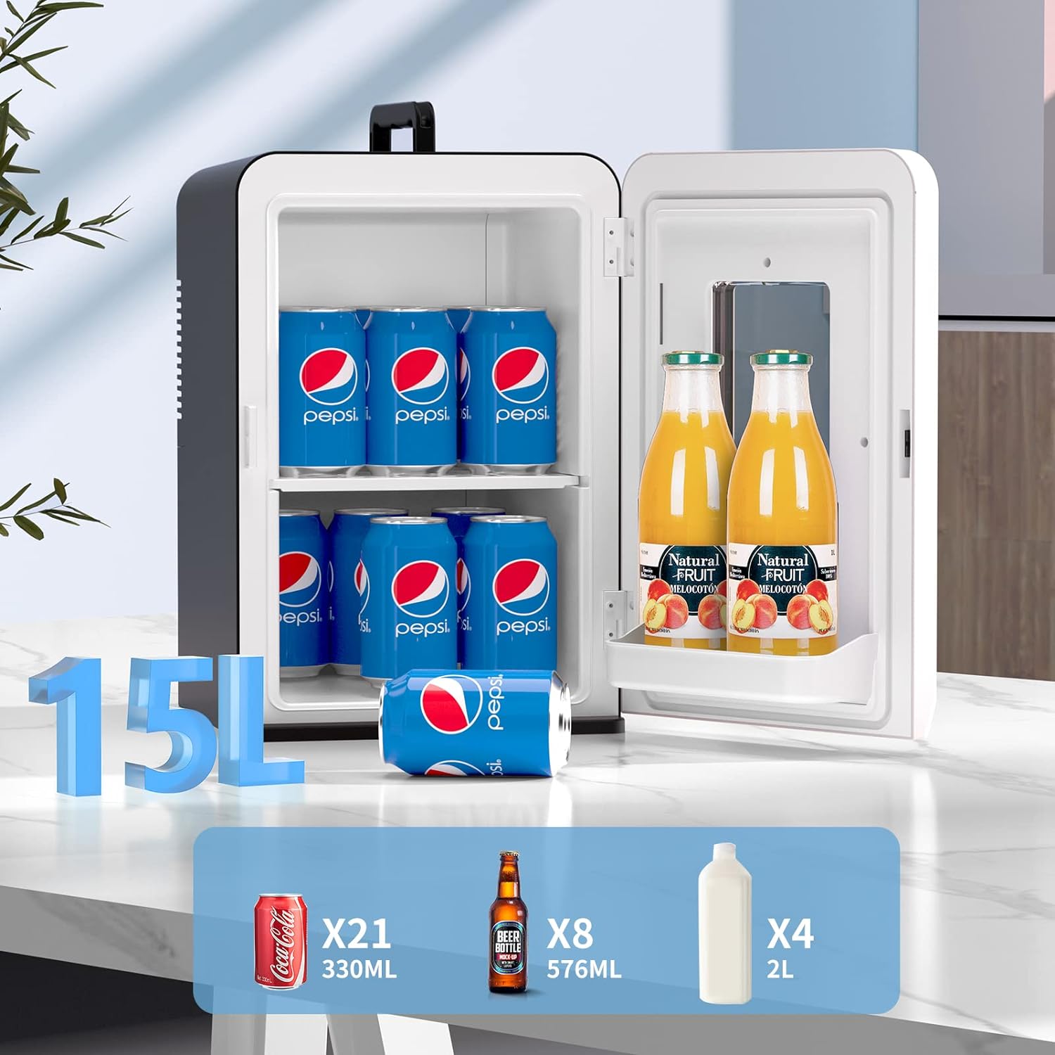 Mini Fridge 15 Liter/21 Cans, Upgrade Portable AC+DC Power Small Fridge for Bedroom, Car, Office, Thermoelectric Cooler and Warmer Skincare Fridge for Food, Drinks, Cosmetics, Max & ECO Mode-1