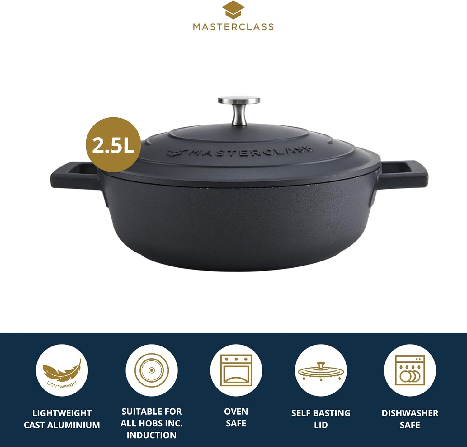 MasterClass Casserole Dish with Lid 2.5L/24 cm, Lightweight Cast Aluminium, Induction Hob and Oven Safe, Black-2