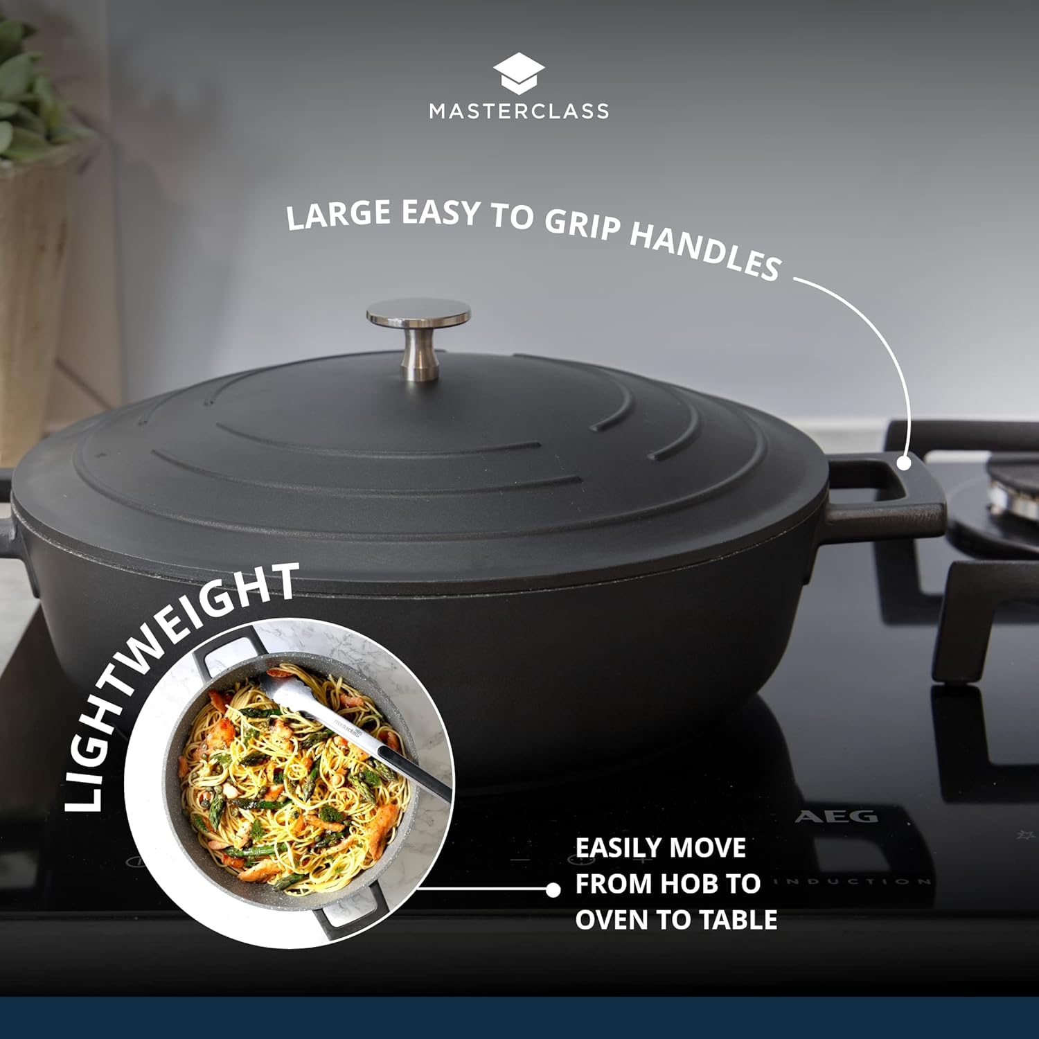 MasterClass Casserole Dish with Lid 2.5L/24 cm, Lightweight Cast Aluminium, Induction Hob and Oven Safe, Black-7