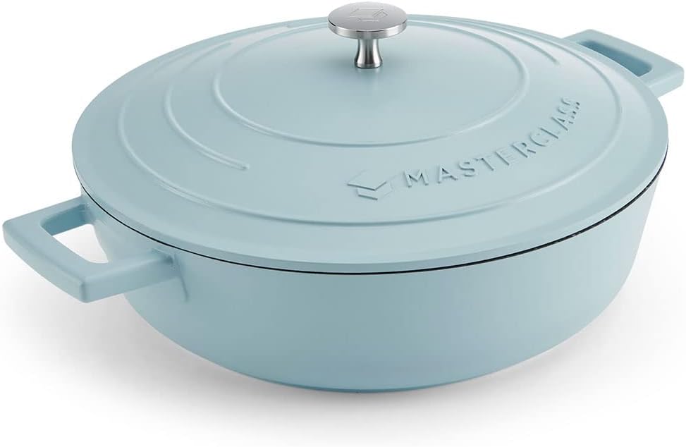 MasterClass Shallow Casserole Dish with Lid 4L/28 cm, Lightweight Cast Aluminium, Induction Hob and Oven Safe, Sky Blue-0