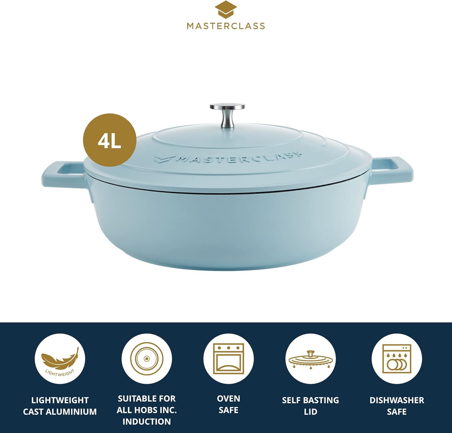 MasterClass Shallow Casserole Dish with Lid 4L/28 cm, Lightweight Cast Aluminium, Induction Hob and Oven Safe, Sky Blue-1