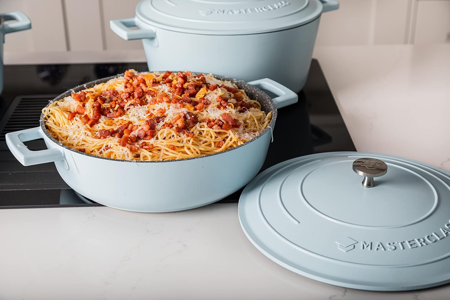 MasterClass Shallow Casserole Dish with Lid 4L/28 cm, Lightweight Cast Aluminium, Induction Hob and Oven Safe, Sky Blue-11