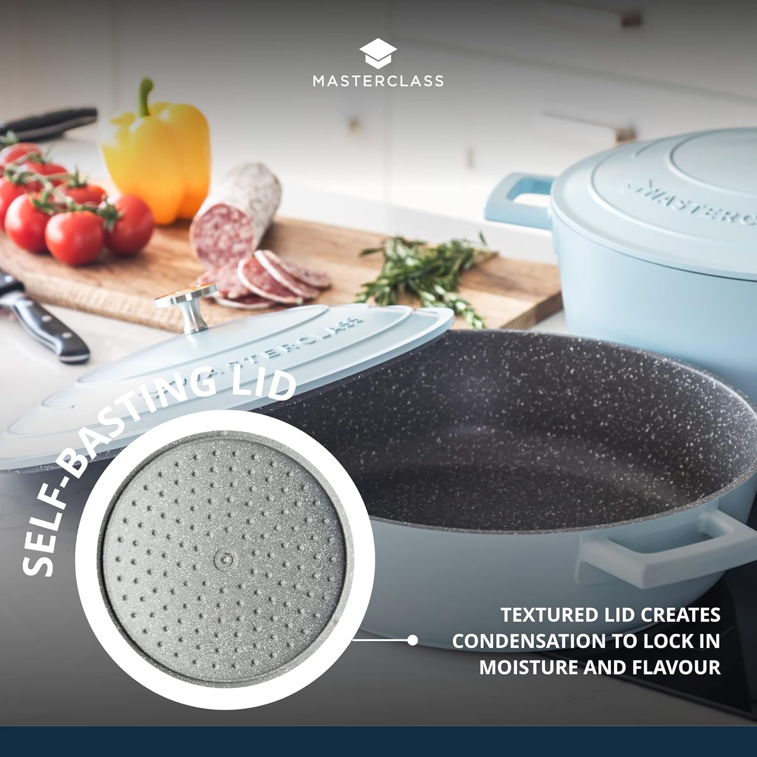 MasterClass Shallow Casserole Dish with Lid 4L/28 cm, Lightweight Cast Aluminium, Induction Hob and Oven Safe, Sky Blue-5