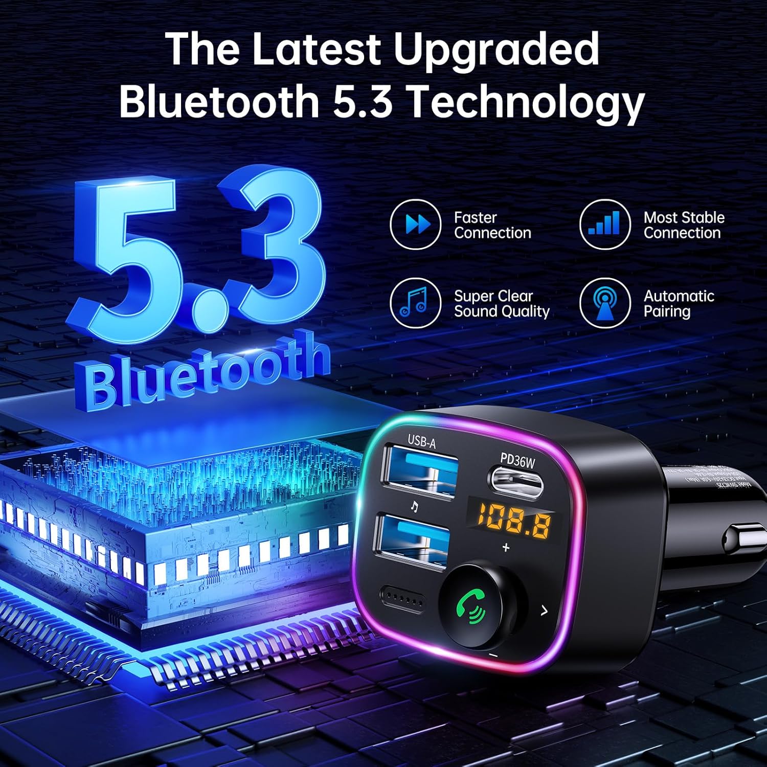 SYNCWIRE Bluetooth 5.3 FM Transmitter for Car, 48W Max Dual USB Bluetooth Car Adapter, Wireless Radio Receiver, Hands-Free Calling, Music Player Support 64G Drive with Light Switch Car Charger, Black-1