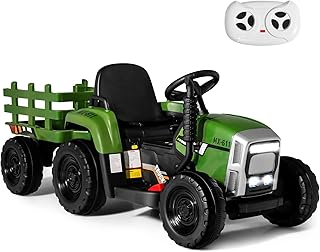 GYMAX Kids Electric Tractor with Detachable Trailer, Remote Control, LED Lights, Music, Horn, USB & Bluetooth, 12V Battery Powered Ride on Car for 3 Years Old + Boys Girls (Dark Green)