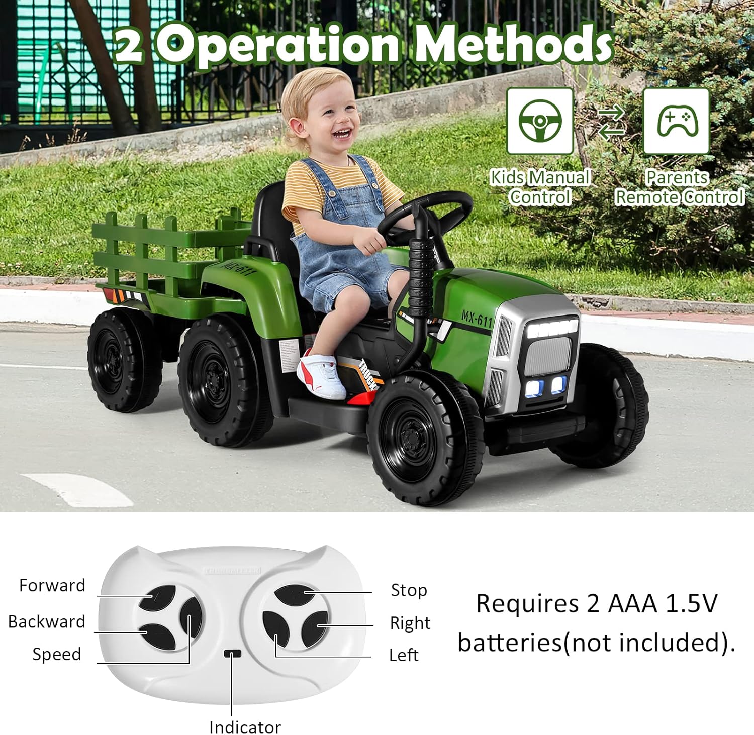 GYMAX Kids Electric Tractor with Detachable Trailer, Remote Control, LED Lights, Music, Horn, USB & Bluetooth, 12V Battery Powered Ride on Car for 3 Years Old + Boys Girls (Dark Green)-1