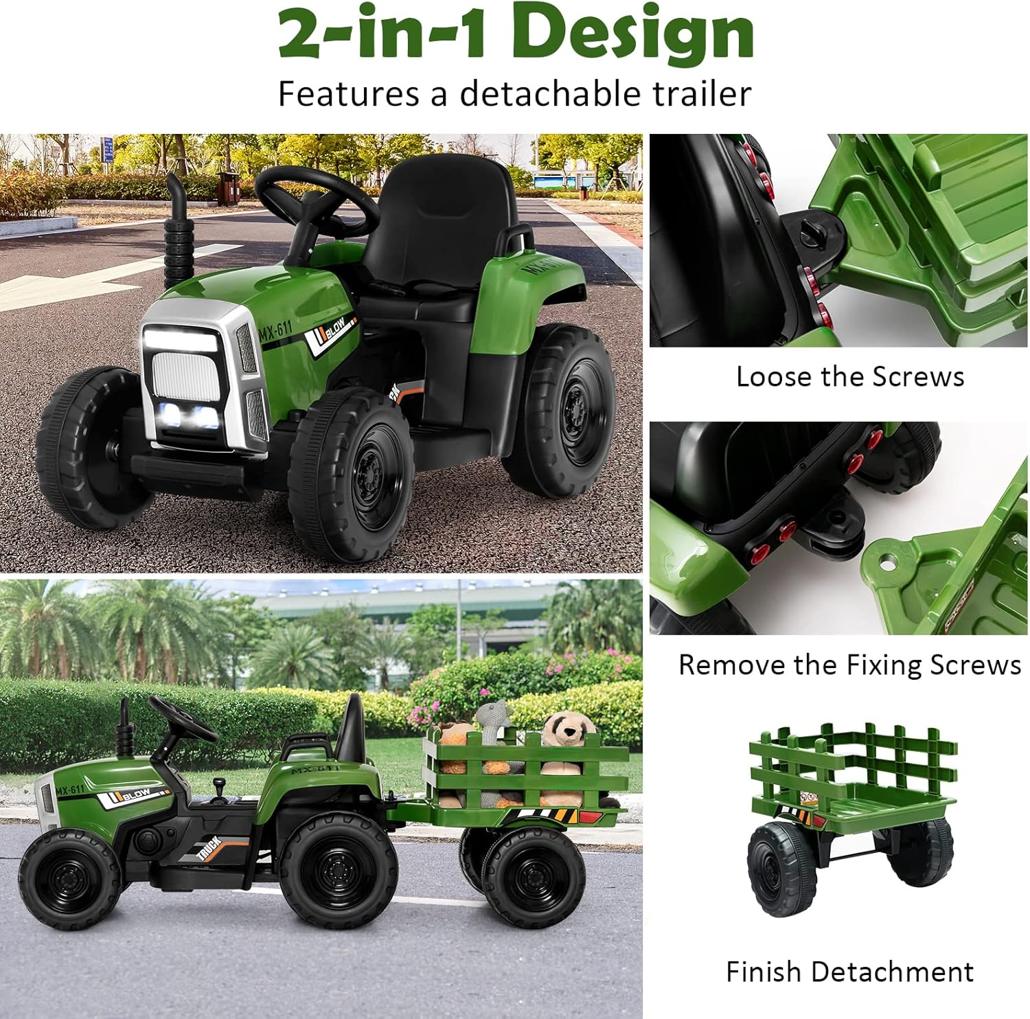 GYMAX Kids Electric Tractor with Detachable Trailer, Remote Control, LED Lights, Music, Horn, USB & Bluetooth, 12V Battery Powered Ride on Car for 3 Years Old + Boys Girls (Dark Green)-2