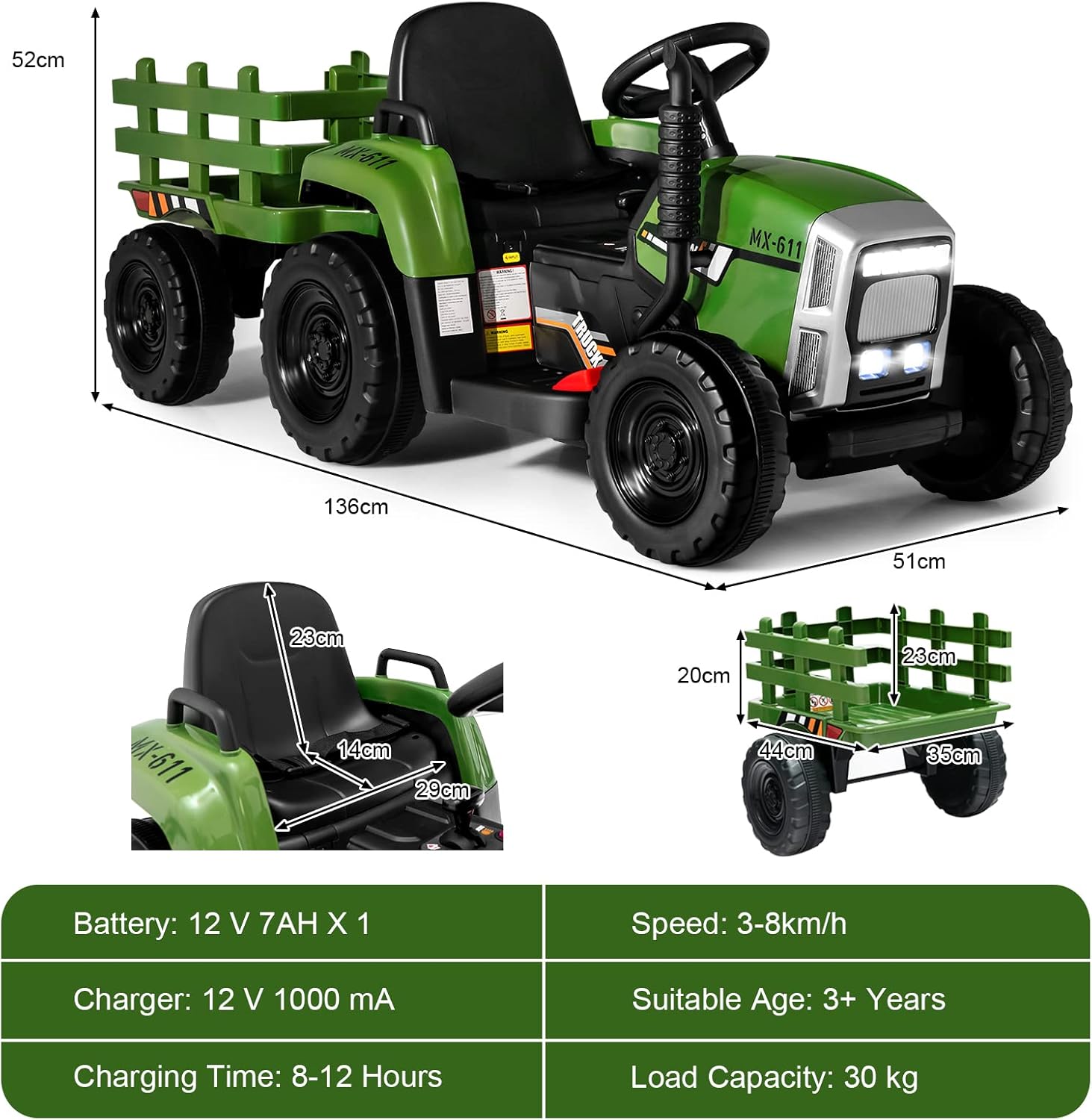 GYMAX Kids Electric Tractor with Detachable Trailer, Remote Control, LED Lights, Music, Horn, USB & Bluetooth, 12V Battery Powered Ride on Car for 3 Years Old + Boys Girls (Dark Green)-5