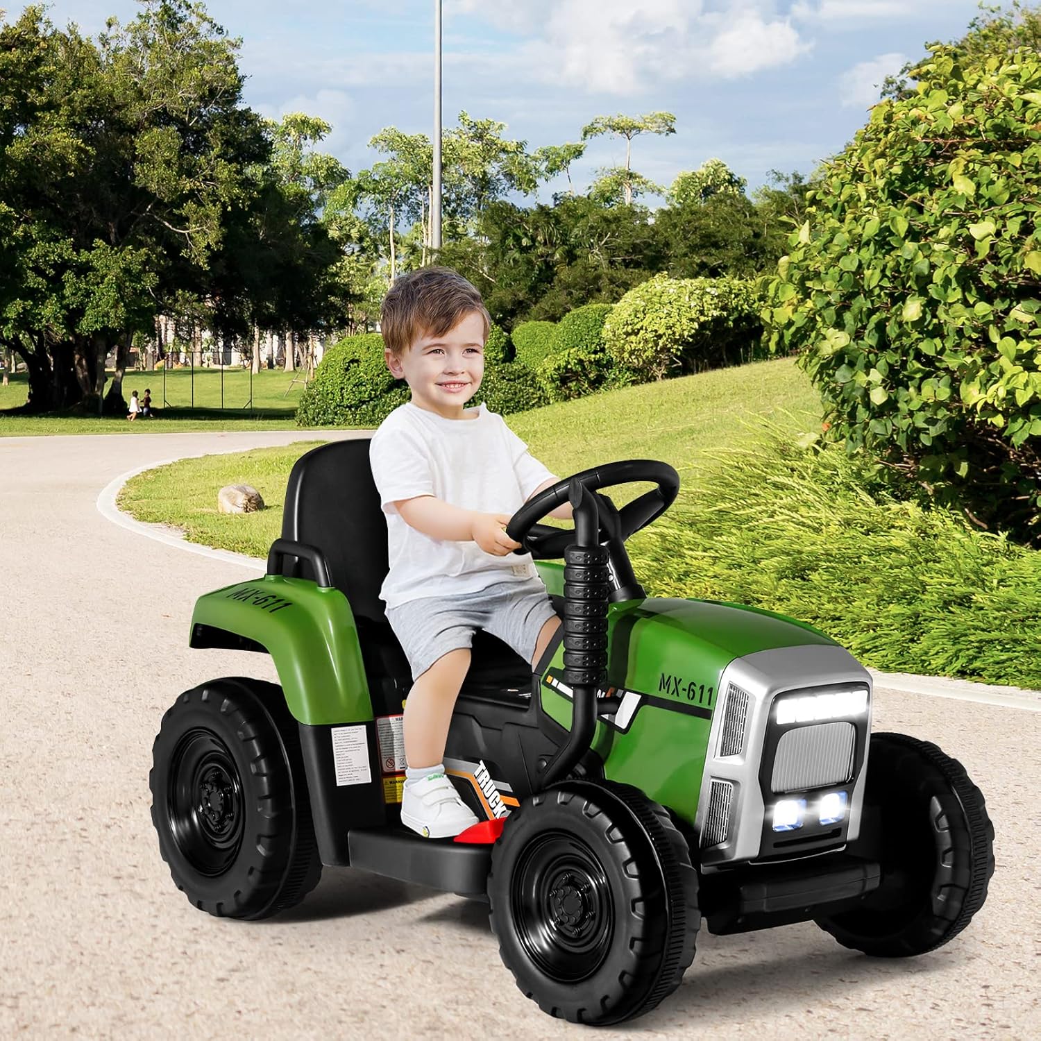 GYMAX Kids Electric Tractor with Detachable Trailer, Remote Control, LED Lights, Music, Horn, USB & Bluetooth, 12V Battery Powered Ride on Car for 3 Years Old + Boys Girls (Dark Green)-7