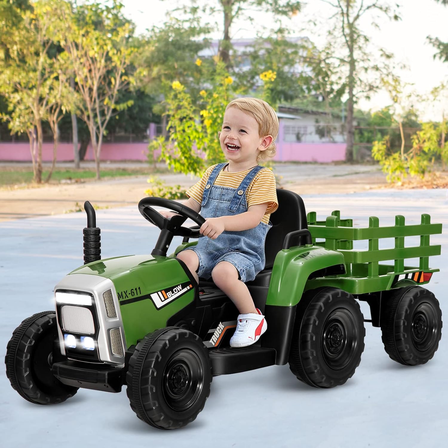 GYMAX Kids Electric Tractor with Detachable Trailer, Remote Control, LED Lights, Music, Horn, USB & Bluetooth, 12V Battery Powered Ride on Car for 3 Years Old + Boys Girls (Dark Green)-8