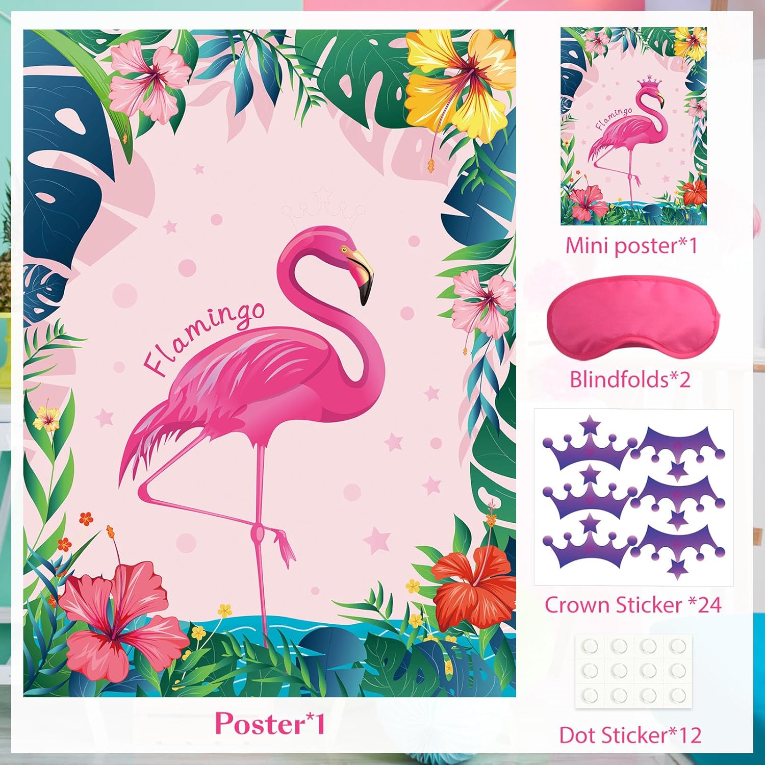 NEBURORA Pin The Crown on The Flamingo with 24 Crowns Pin The Crown on The Flamingo Theme Party Game for Kids Birthday Party Supplies-2