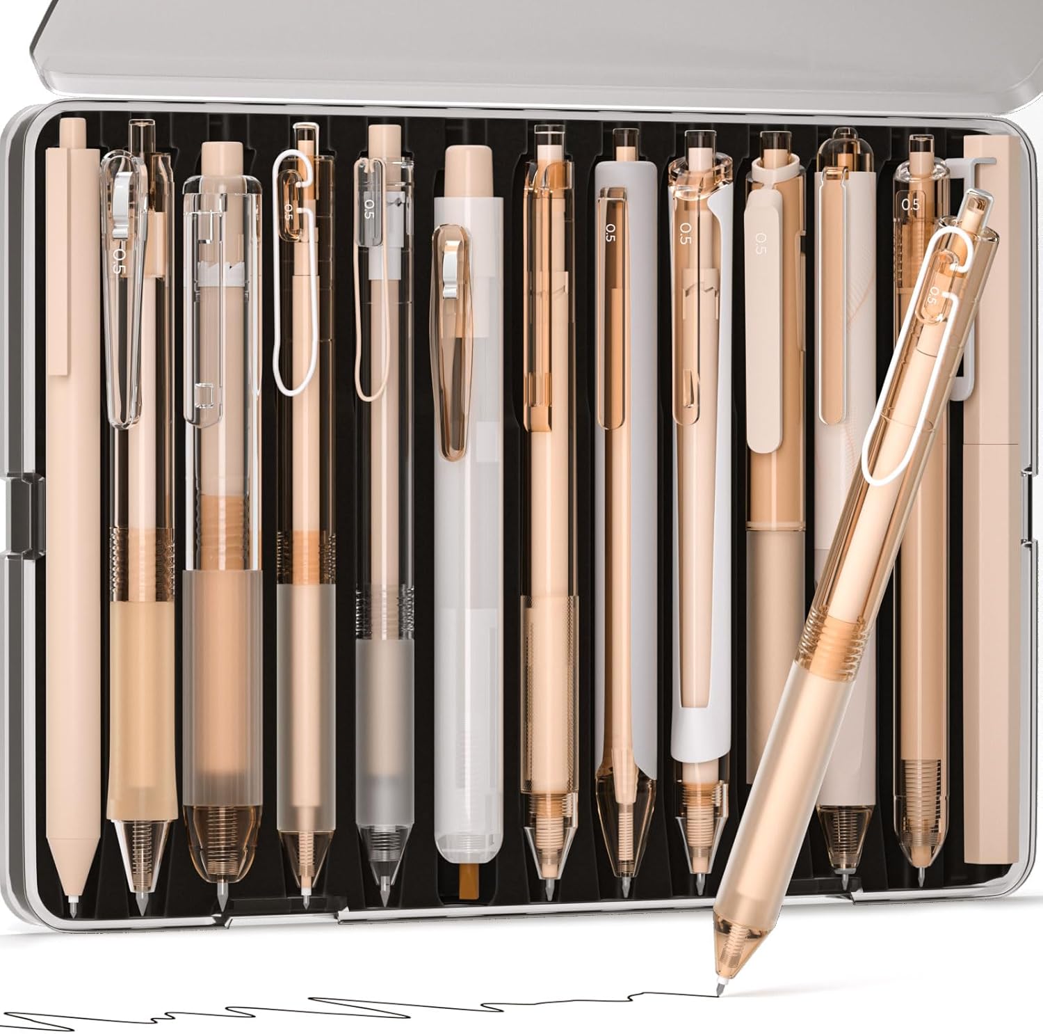 Nicpro 13PCS Pastel Gel Ink Pen Set with Case, Cute 0.5mm Fine Point Retractable 12PCS Black Ink Pens with 1 Highlighter, Aesthetic Pens for School Student Note Taking,Writing, Office Supplies(Brown)-0