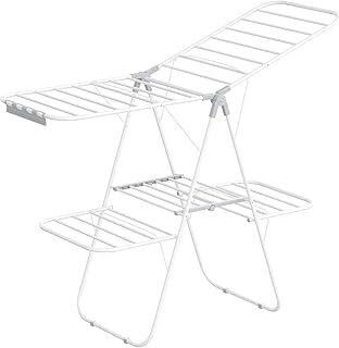 SONGMICS 2-Level Clothes Airer, Foldable Clothes Drying Rack, Laundry Rack with Height-Adjustable Wings, Free-Standing Clothes Horse, Indoor Outdoor Use, Bed Linen Clothing, White and Grey LLR053G01