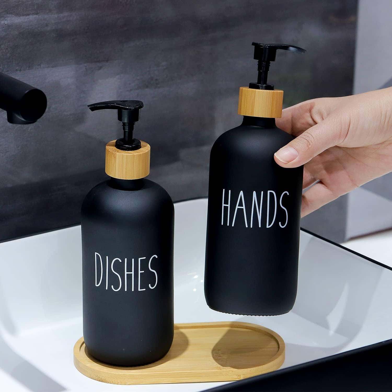 Glass Kitchen Soap Dispenser Set with Tray by Brighter Barns - Hand and Dish Soap Dispenser for Kitchen Sink - Glass Soap Dispenser - Modern Boho Farmhouse Kitchen Decor (Black)-3