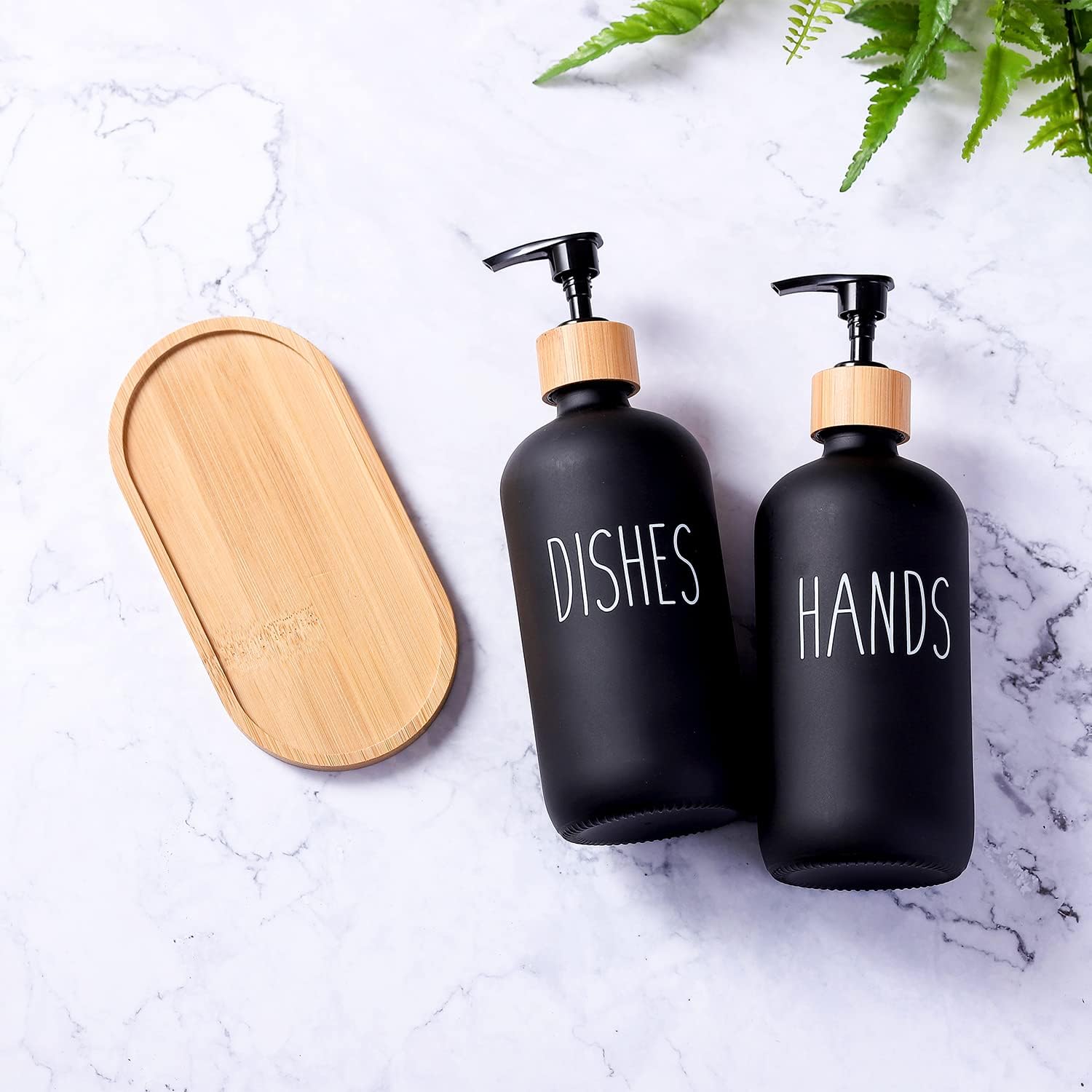 Glass Kitchen Soap Dispenser Set with Tray by Brighter Barns - Hand and Dish Soap Dispenser for Kitchen Sink - Glass Soap Dispenser - Modern Boho Farmhouse Kitchen Decor (Black)-6