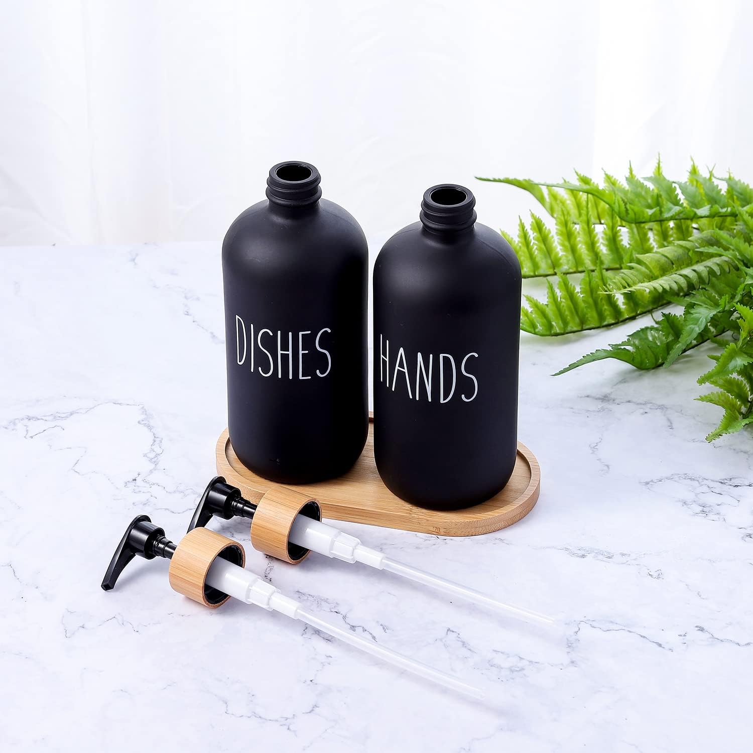 Glass Kitchen Soap Dispenser Set with Tray by Brighter Barns - Hand and Dish Soap Dispenser for Kitchen Sink - Glass Soap Dispenser - Modern Boho Farmhouse Kitchen Decor (Black)-7