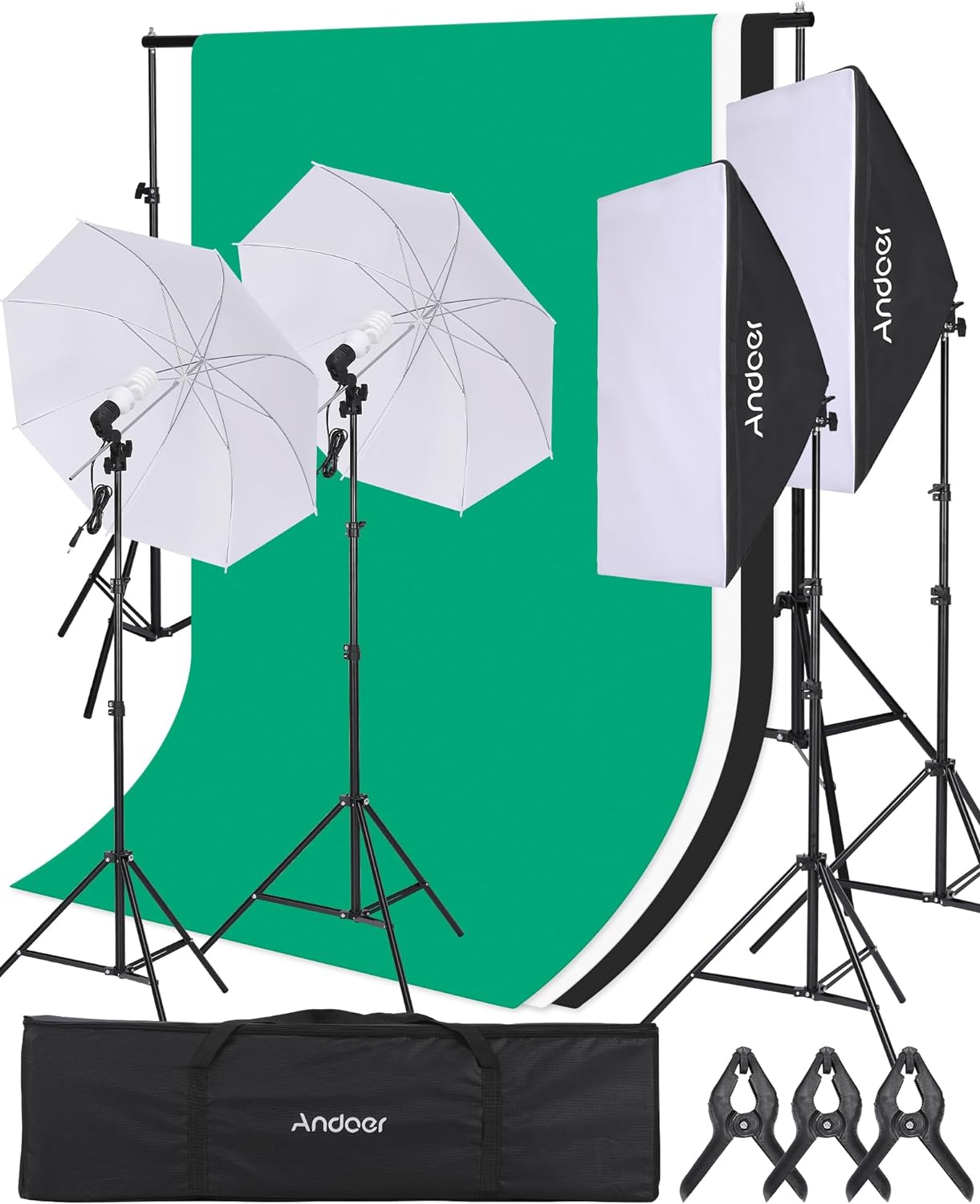 Andoer Photography Lighting Kit with 1.6x3M Backdrop Stand,Studio Photography Light Kit,2x85cm White Photography Umbrella and 2x50*70cm Softbox-0