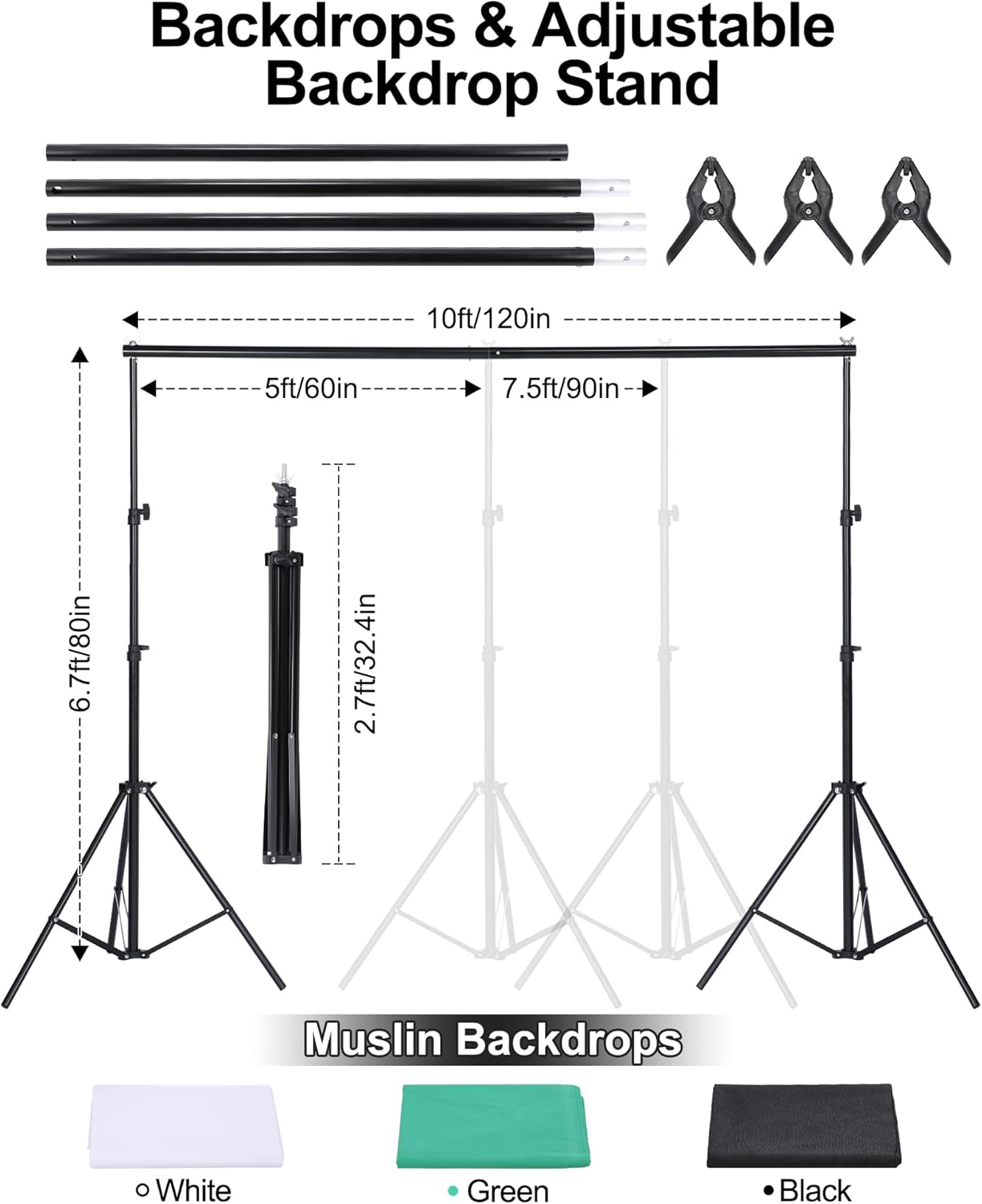 Andoer Photography Lighting Kit with 1.6x3M Backdrop Stand,Studio Photography Light Kit,2x85cm White Photography Umbrella and 2x50*70cm Softbox-4