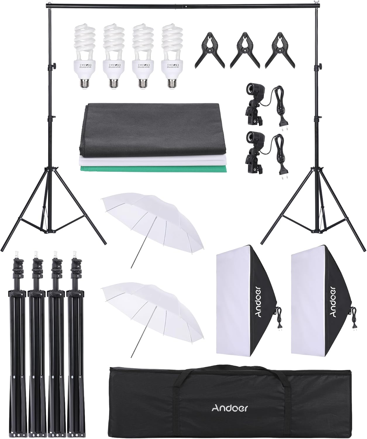 Andoer Photography Lighting Kit with 1.6x3M Backdrop Stand,Studio Photography Light Kit,2x85cm White Photography Umbrella and 2x50*70cm Softbox-8