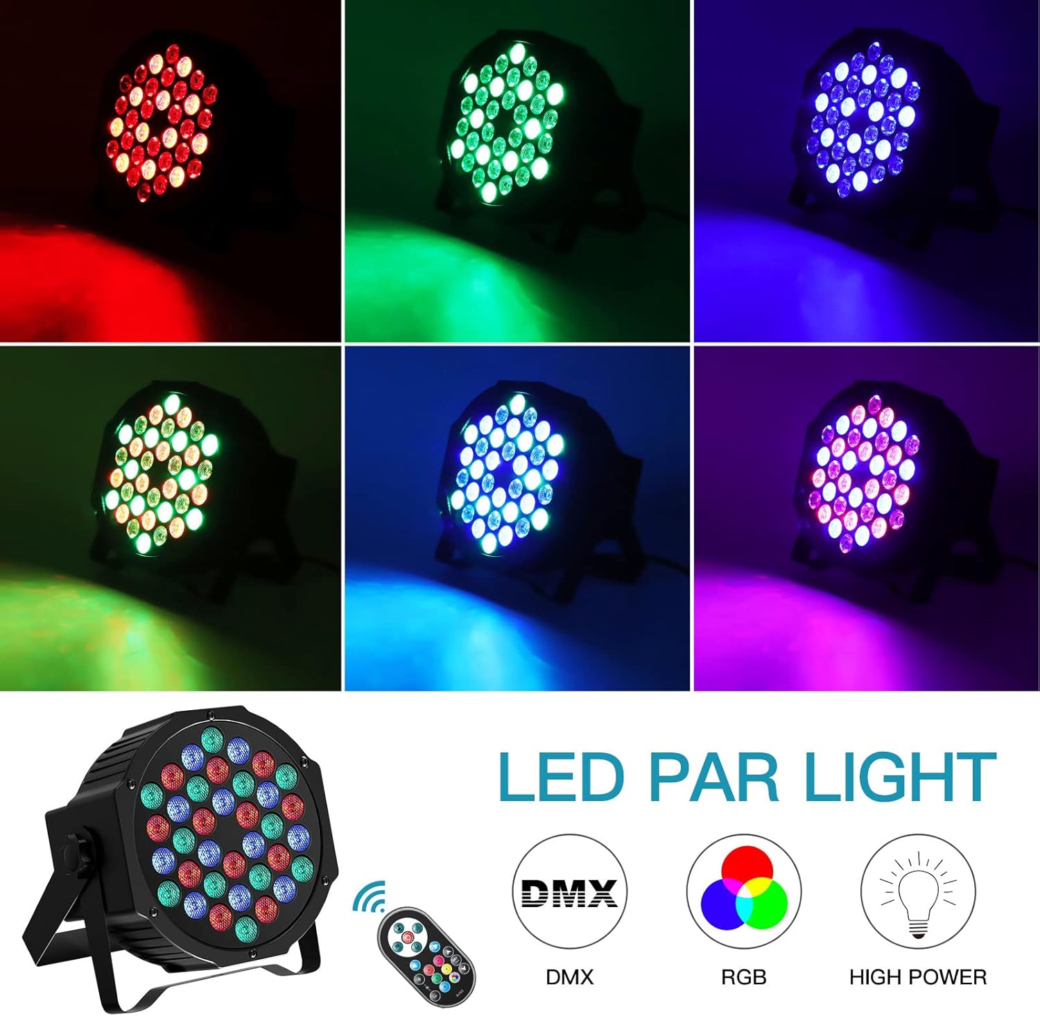 Leleght 2PCS Led Par Can Stage Lights 72W RGB Party Light Stage Lighting D MX 512 with Remote 7 Uplights Modes Great for DJ Disco Kids Party-1