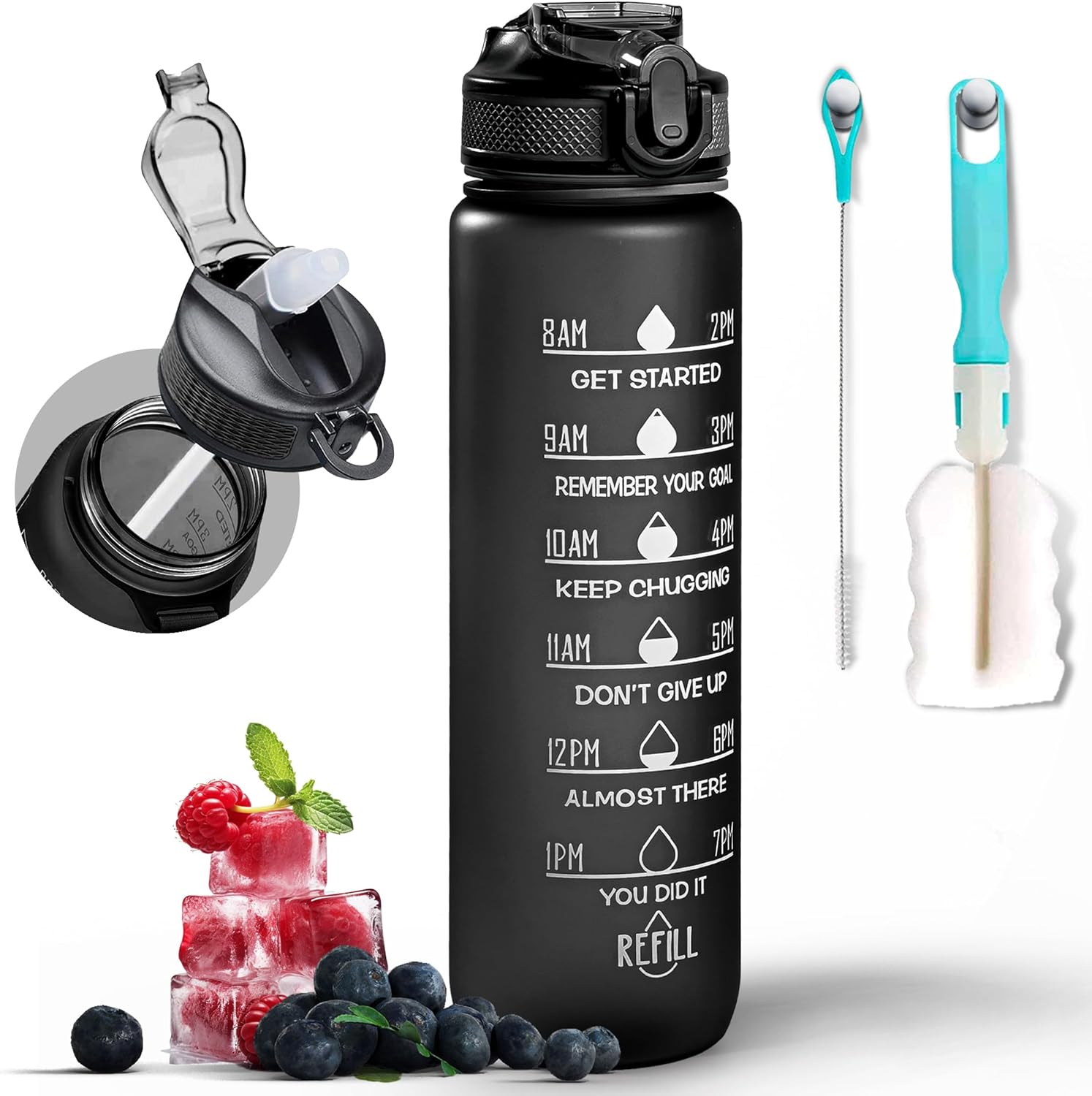 K-MART Water Bottle 1000ml Sports Water Bottle with Motivational Time Marker & Straw, Dishwasher Safe Leak-proof Drink Bottle BPA Free Non-Toxic Tritan Material 1 Click Open for Running Gym-0