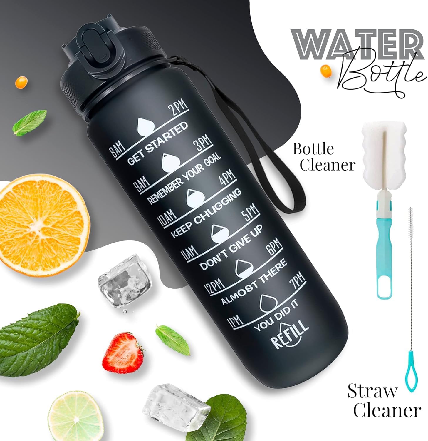 K-MART Water Bottle 1000ml Sports Water Bottle with Motivational Time Marker & Straw, Dishwasher Safe Leak-proof Drink Bottle BPA Free Non-Toxic Tritan Material 1 Click Open for Running Gym-1