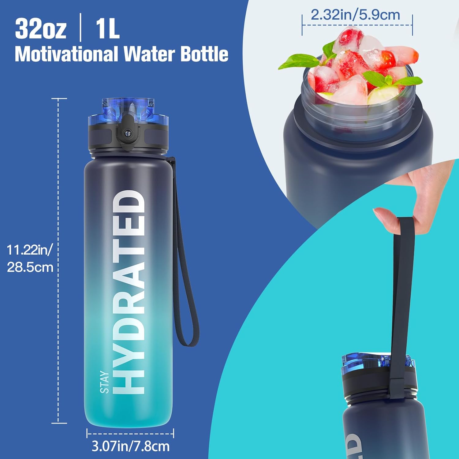 Sahara Sailor Water Bottle, 500ML/750ML/1000ML Motivational Water Bottle, Sport Drinks Bottle with Times to Drink & Lock Cover, Leak Proof, BPA Free, for Gym, School, Cycling (1 Bottle)-4