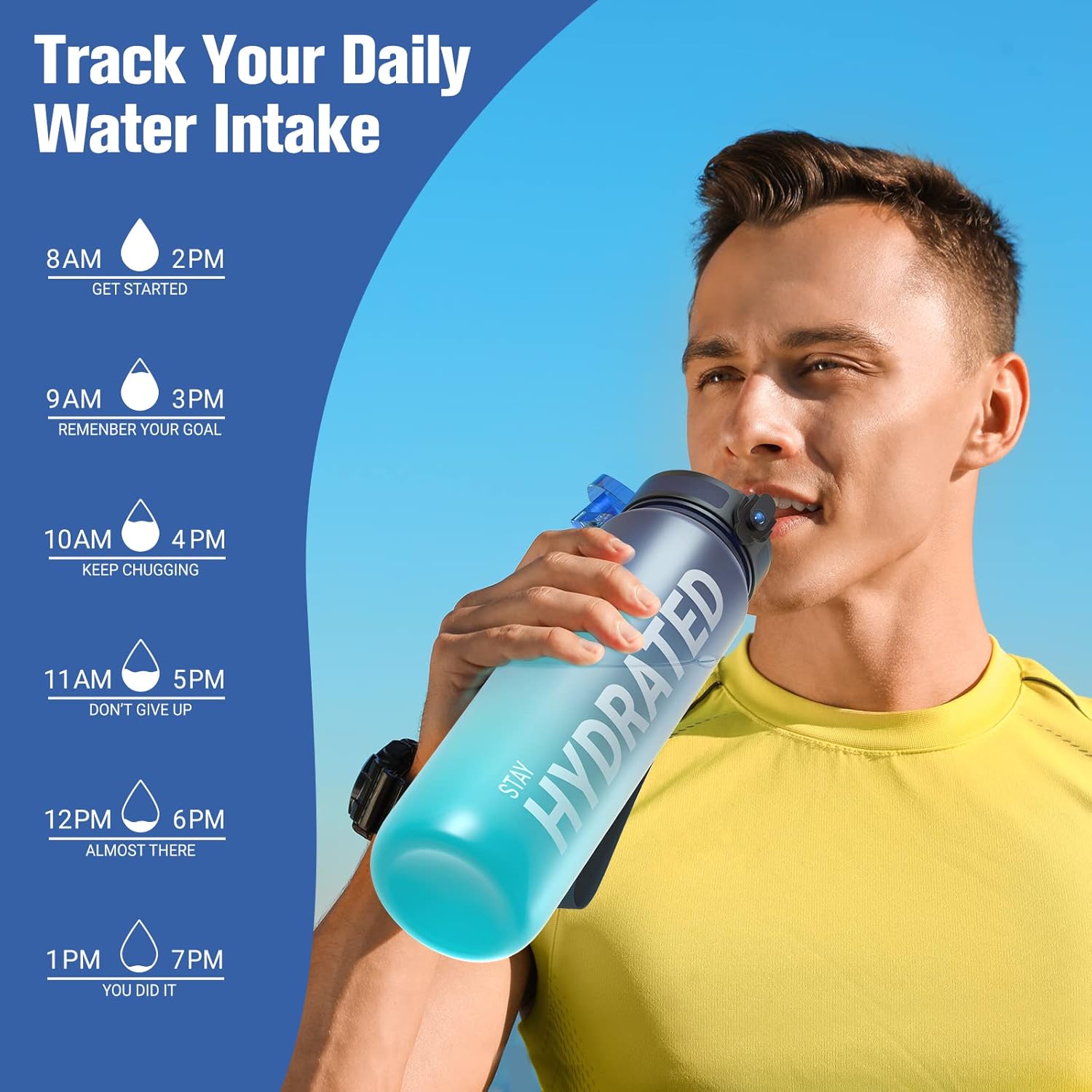 Sahara Sailor Water Bottle, 500ML/750ML/1000ML Motivational Water Bottle, Sport Drinks Bottle with Times to Drink & Lock Cover, Leak Proof, BPA Free, for Gym, School, Cycling (1 Bottle)-5