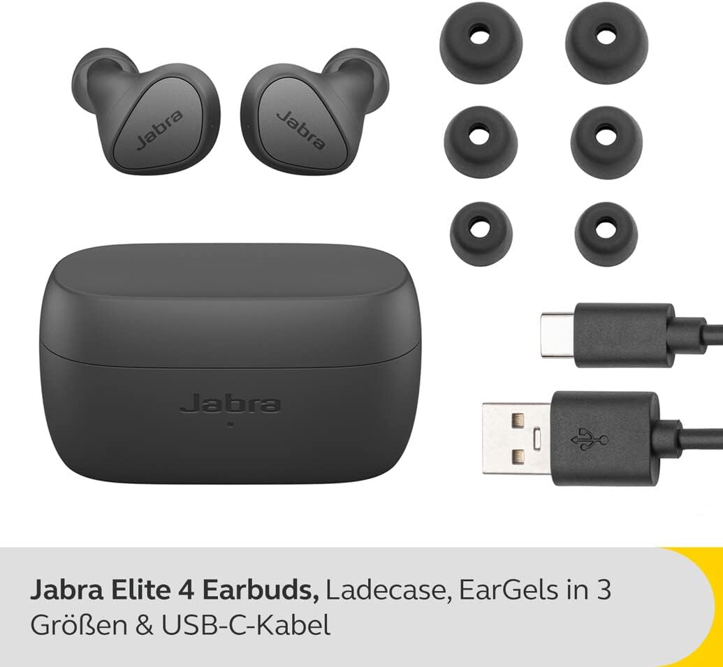 Jabra Elite 4 Wireless Earbuds, Active Noise Cancelling, Discreet and Comfortable Bluetooth Earphones with Spotify Tap Playback, Google Fast Pair, Microsoft Swift Pair and Multipoint - Dark Grey-1