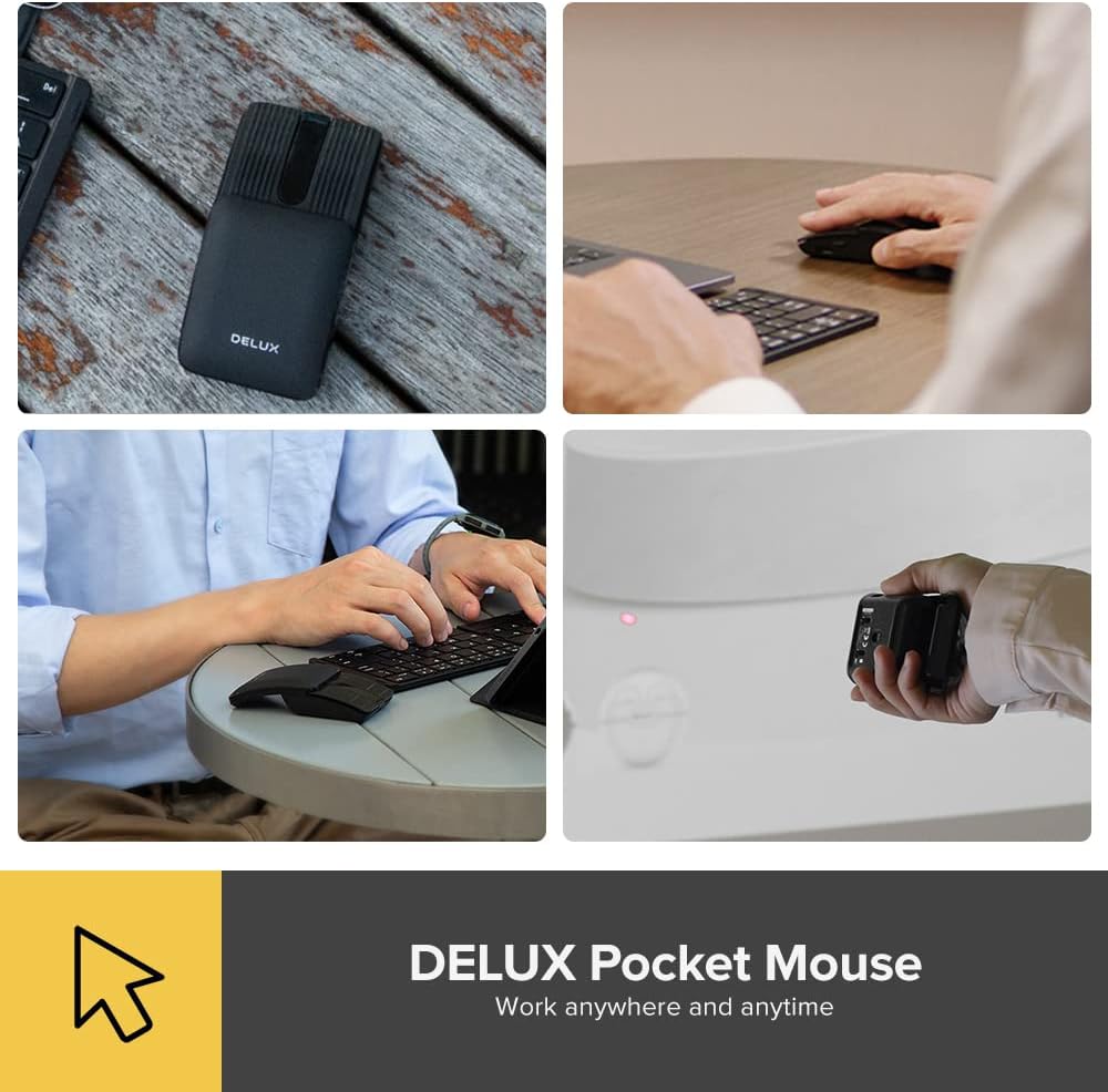 DeLUX Foldable Bluetooth Mouse, Portable Mini Sliding Wireless Mouse, Touch Scrolling, Rechargeable, Multi-Device, 1600 DPI, Slidable Folding Lightweight Pocket Mouse for Laptop/PC/Mac (Black)-2